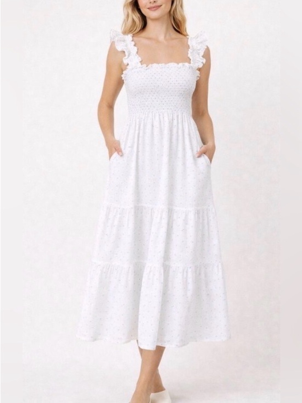 Hill House Ellie Nap Dress Swiss Dot White Tiered Eyelet Maxi Dress Size L